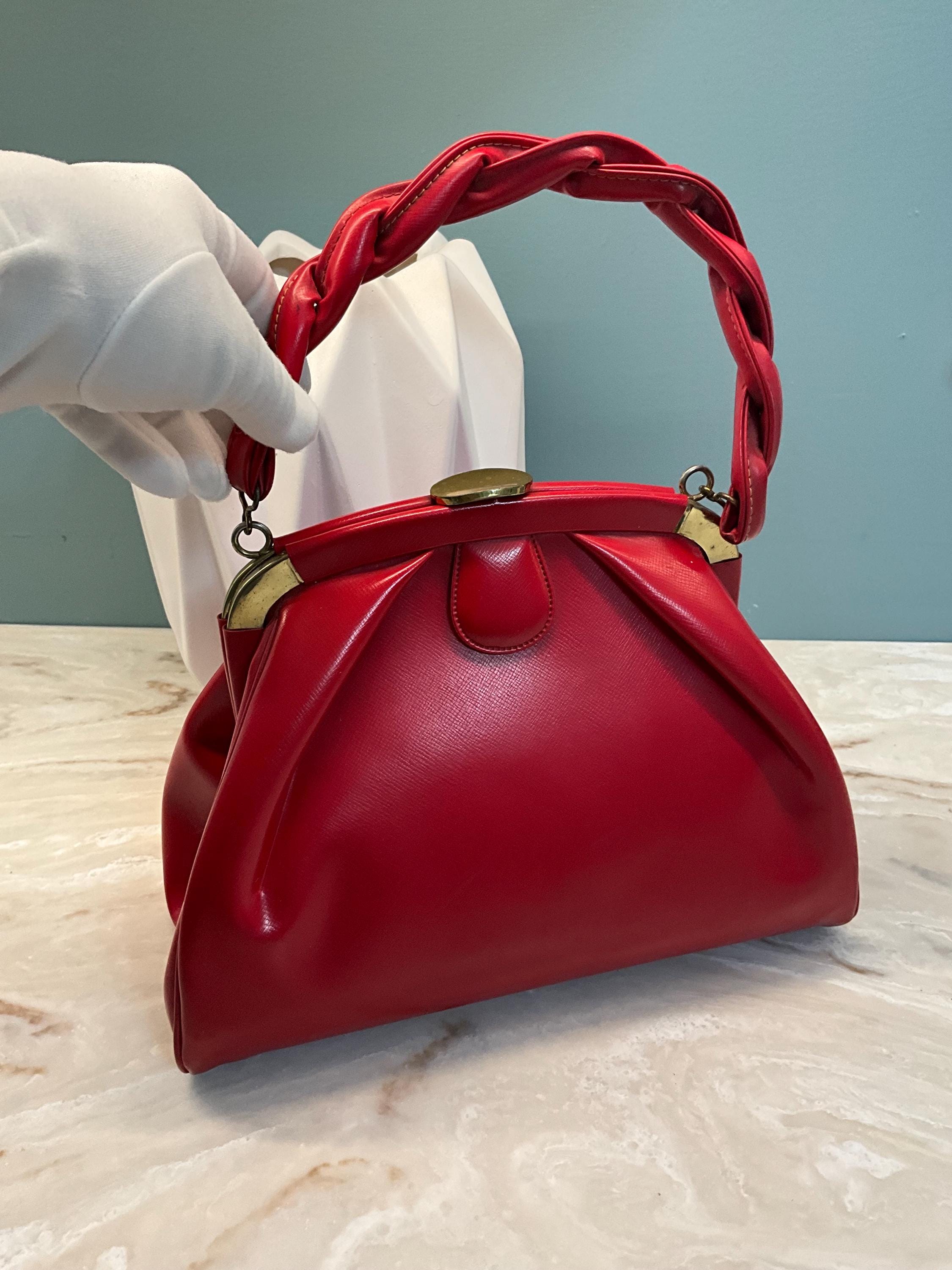 Vintage 1950s 1960s Red Vinyl Top Handle Retro Mic Century Purse, Estate Handbag
