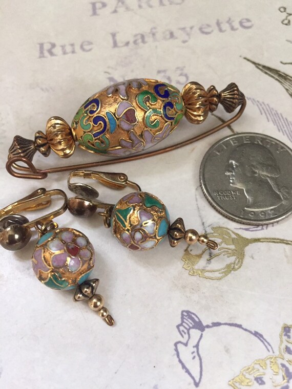 CLOISONNE VINTAGE EARRINGS AND PIN SET munimoro.gob.pe