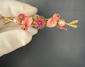 Vintage Gold Tone Pink Rose Floral and Crystal Bar Pin made in Austria, Elegant Pink Estate Brooch