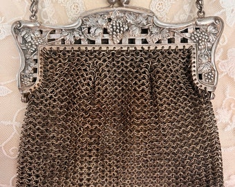Antique German Silver Mesh Purse, Pierced Grapevine Frame, Victorian Ornate Design