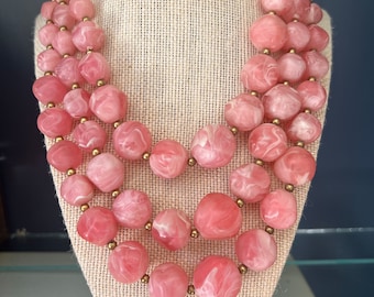 Vintage Pink Resin Chunky Bead Statement Necklace, Triple Strand Choker, Mid Century