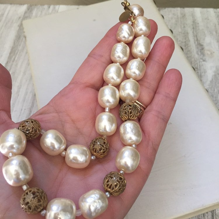Vintage Signed Mariam Haskell Baroque Pearl Necklace With
