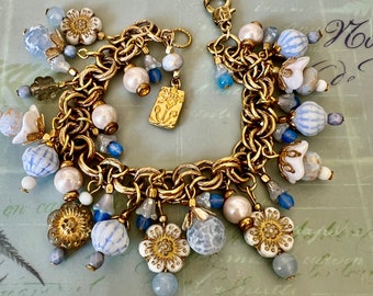 OOAK Blue Floral Bead and Chain Link Bracelet, One of a Kind Hand Crafted Jewerly