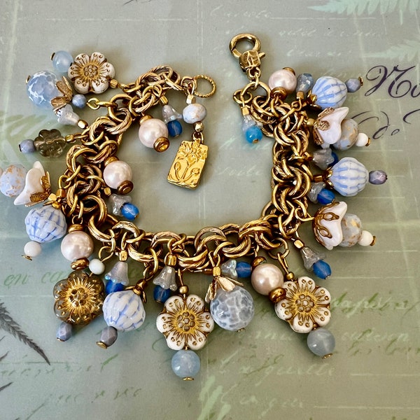 OOAK Blue Floral Bead and Chain Link Bracelet, One of a Kind Hand Crafted Jewerly