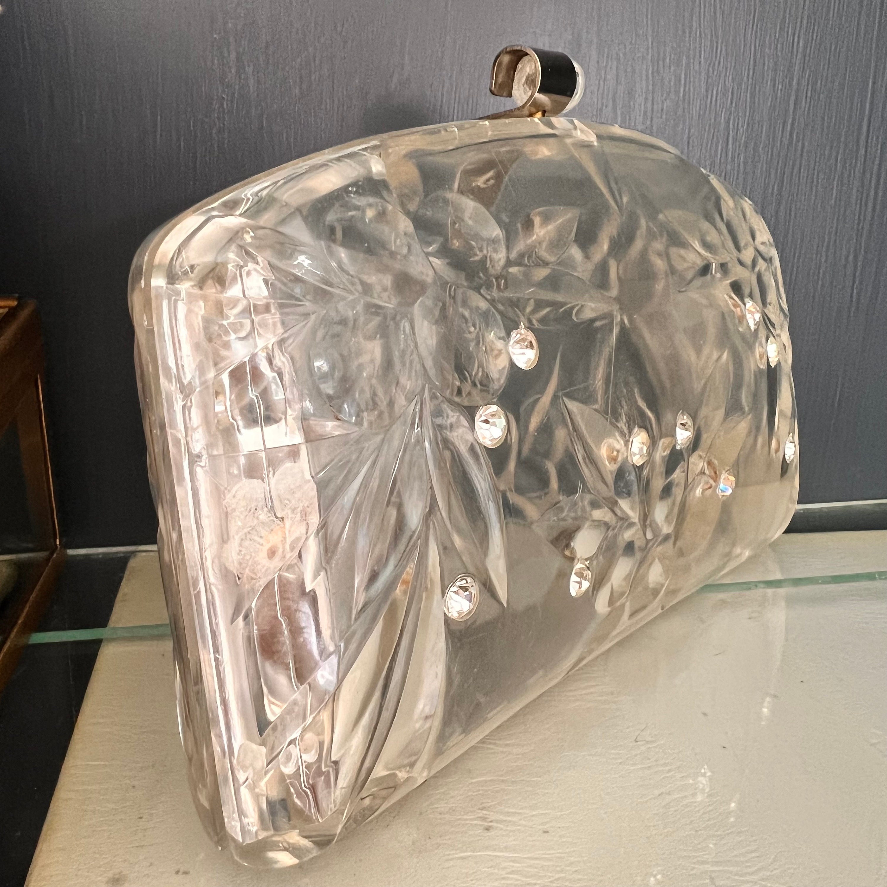Vintage Clear Lucite Clutch Purse with Carved Cherry Leaves and Rhinestones 1950s Mid Century Evening Bag