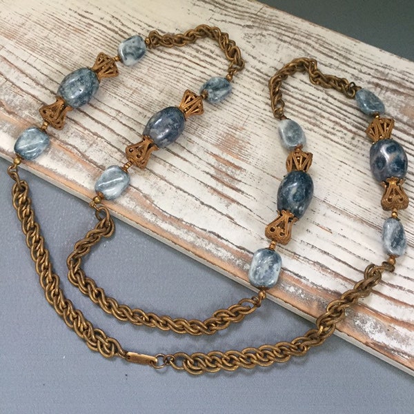 Vintage Signed Mariam Haskell Gold Tone Chain with Blue Stones Pendant, Extra Long Haskell Necklace