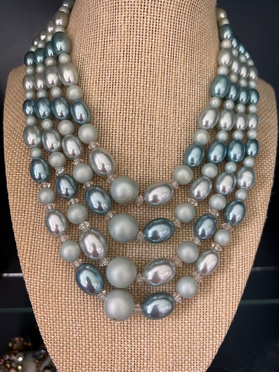 Vintage Aqua multi Strand Beads Mid Century Jewelr