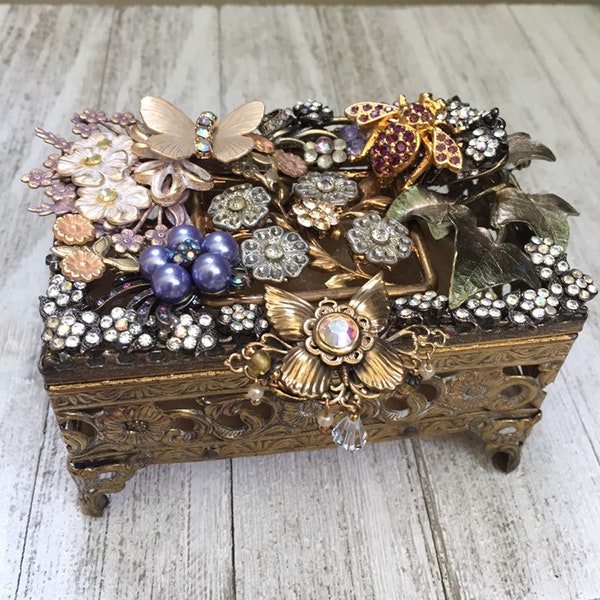 OOAK Ornate Brass Vintage Jewelry Assemblage Box, Special Occasion Trinket Box, Artisan Made