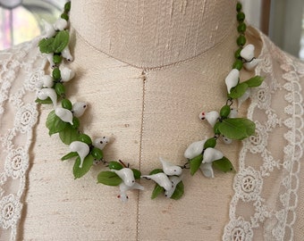 Vintage Venetian Murano Glass Bird Wedding Necklace 1930s, White Dove Bird Lover Jewelry