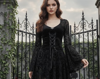 Gothic Witch Corset Dress Lace Flare Sleeves Victorian Renaissance Costume