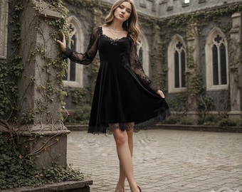 Gothic Black Lace Dress – Vintage Lace Long Sleeve A-Line Witchy Fairycore Dress for Women, Dark Academia Outfit
