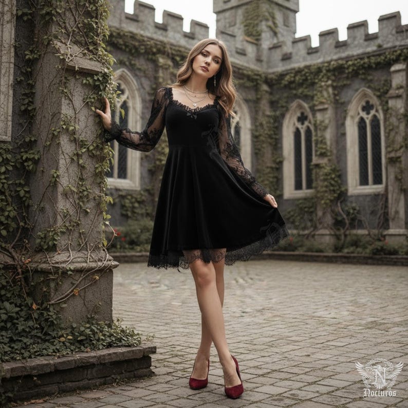 Gothic black velvet dress with lace sheer sleeves and high waist, styled with elegant lace trim. Perfect for witchcore, gothic fashion, or Victorian-inspired themes. A dark feminine dress combining vintage elegance and modern gothic charm.