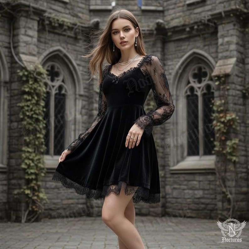 Elegant gothic black dress featuring sheer lace long sleeves, sweetheart neckline, and velvet bodice. Perfect for dark fantasy, witchy, or Victorian-inspired outfits. This gothic velvet dress suits parties, date nights, and alternative fashion events with its romantic and vintage silhouette.