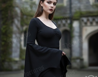 Gothic Black Mermaid Dress for Women – Long Sleeve Witch Gown, Vampire Evening Dress, Renaissance Halloween Costume, Dark Elegant Maxi