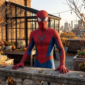 Puede incluir: Un disfraz completo de Spider-Man hecho de tela texturizada roja y azul con un patrón de telaraña negra. El traje incluye un emblema de araña negra en el pecho y una máscara completa con grandes lentes oculares blancos y triangulares.