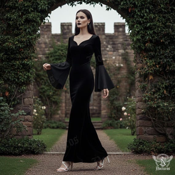 Gothic Black Maxi Dress  Long Sleeve Bell Sleeve Gown, Witchy V Neck  Formal Dress, Dark Elegant Floor Length Dress for Women - Etsy