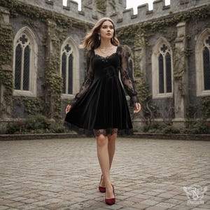Black lace velvet gothic dress with long sleeves and ruffled lace trim, designed for women who love witchy, dark academia, and vintage gothic aesthetics. Ideal for photo sessions, parties, and gothic-inspired looks, made of soft velvet and lace for a sophisticated and romantic appearance.