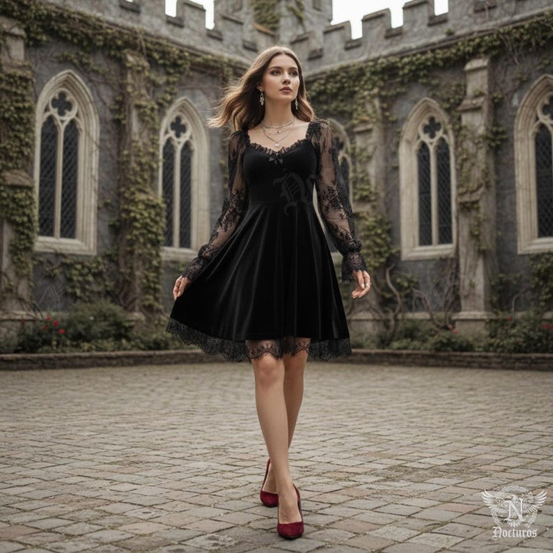 Black lace velvet gothic dress with long sleeves and ruffled lace trim, designed for women who love witchy, dark academia, and vintage gothic aesthetics. Ideal for photo sessions, parties, and gothic-inspired looks, made of soft velvet and lace for a sophisticated and romantic appearance.