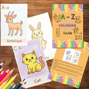 Libro para colorear del alfabeto de animales para niños – A-Z (PDF y PNG) – Aprende las letras con animales adorables – Descarga instantánea