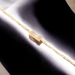 14K Gold Minimalist Baguette Diamond Bracelet – Dainty Geometric Chain Jewelry for Women, Elegant Gift for Her, Anniversary Ready
