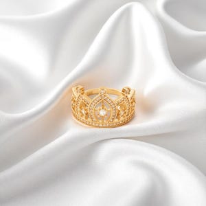 14K Solid Gold Crown Ring für Frauen, Royal Princess Queen Band mit Diamantakzenten, Luxus Statement Geschenk für Sie, eleganter Goldschmuck
