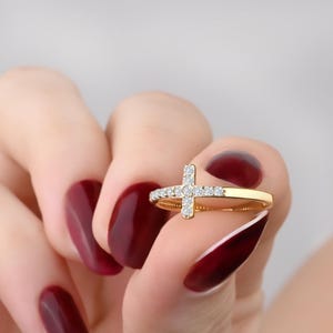 Minimalist 14K Solid Gold Cross Ring with Diamonds, Dainty Christian Jewelry Gift for Her, Tiny Faith Ring, Elegant Religious Band for Women