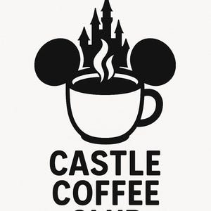 May include: Black and white logo for the Castle Coffee Club. The design features a coffee cup with Mickey Mouse ears, a castle silhouette, and steam rising from the coffee. The words "CASTLE COFFEE CLUB" are printed below.