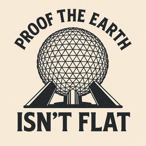 May include: A graphic design with the text "PROOF THE EARTH ISN'T FLAT" in black, arched above and below a geometric sphere. The sphere is supported by a structure, all on a cream-colored background.