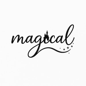 Puede incluir: Texto negro escrito sobre un fondo blanco que dice "magical". La palabra presenta un icono de castillo estilizado sobre la "a" y una línea curva con cuatro estrellas. El diseño es simple y elegante.