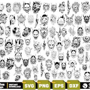 May include: A selection of 83 black and white Oni mask designs in diverse styles. The image includes the text "400 Files 83 Design" and file type icons for SVG, PNG, EPS, and DXF. The designs are suitable for layered projects.