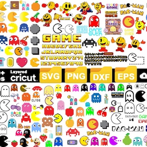 Könnte beinhalten: Eine Sammlung digitaler Grafiken zum Thema Pac-Man, darunter Pac-Man-Charaktere, Spielelemente und Text. Die Designs weisen verschiedene Farben und Stile auf, die sich für Bastelprojekte eignen. Das Bild enthält den Text "500+ Layered Files cricut. SVG PNG DXF EPS".