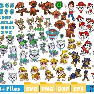 Può includere: Una collezione di grafiche colorate dei personaggi di Paw Patrol, tra cui il logo Paw Patrol, i singoli personaggi e targhette con nomi a forma di osso. L'immagine include anche numeri, lettere e il testo "400+ Files".
