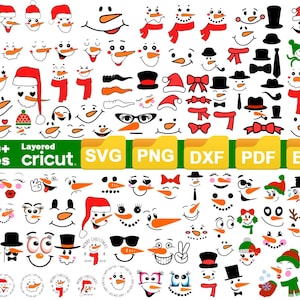 Sneeuwpop gezicht SVG-bundel voor Cricut en silhouet, kerstsneeuwpop clipart, winter hoed neus ogen mond SVG-bestanden voor shirts ambachten