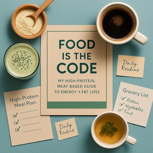 以下が含まれることがあります： 上から見た図で、健康的な食事に関連するアイテムが置かれた水色の表面が写っています。「FOOD IS THE CODE」と書かれた中心のカードには、高タンパク質で肉ベースのガイドに関するテキストがあります。コーヒーと紅茶のカップ、スムージー、粉末の入ったボウルがあります。