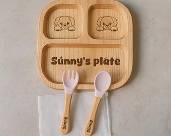 Custom Engraved Kids Plate, Personalized Wooden Baby Plate, Toddler Tableware Gift for 1st Birthday or Baby Shower