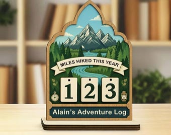 Personalized Miles Hiked Counter Sign, Mountain Adventure Tracker, Hiking Log Display, Outdoor Hiker Gift, Rustic Trail Decor