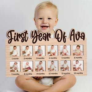 Personalized My First Year Photo Frame – Wooden Baby Milestone Board, 12 Month Picture Display, Newborn Keepsake Gift, Baby Memory Frame image 1