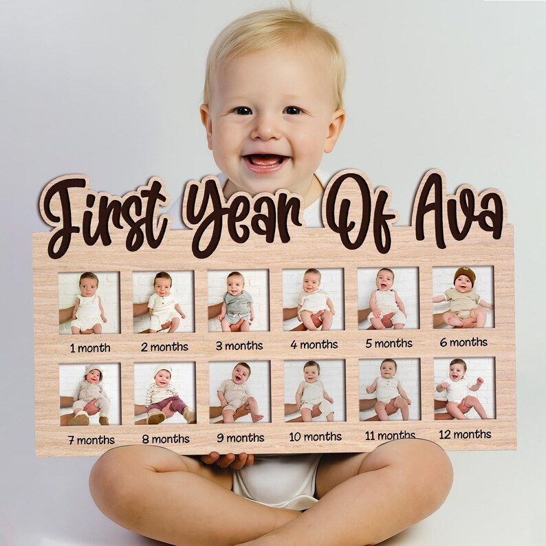 Personalized My First Year Photo Frame – Wooden Baby Milestone Board, 12 Month Picture Display, Newborn Keepsake Gift, Baby Memory Frame image 1