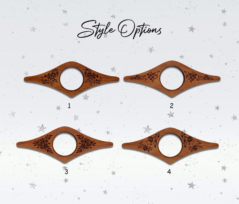 May include: Four wooden book page holders with floral designs and a central circular opening. The text "Style Options" is written in cursive at the top. Each holder is a different style, numbered 1 through 4.