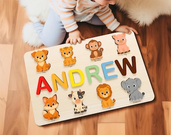 Personalized Safari Animal Name Puzzle, Wooden Baby Name Puzzle, Montessori Toy, Nursery Décor, 1st Birthday Gift for Kids, Birthday Gift