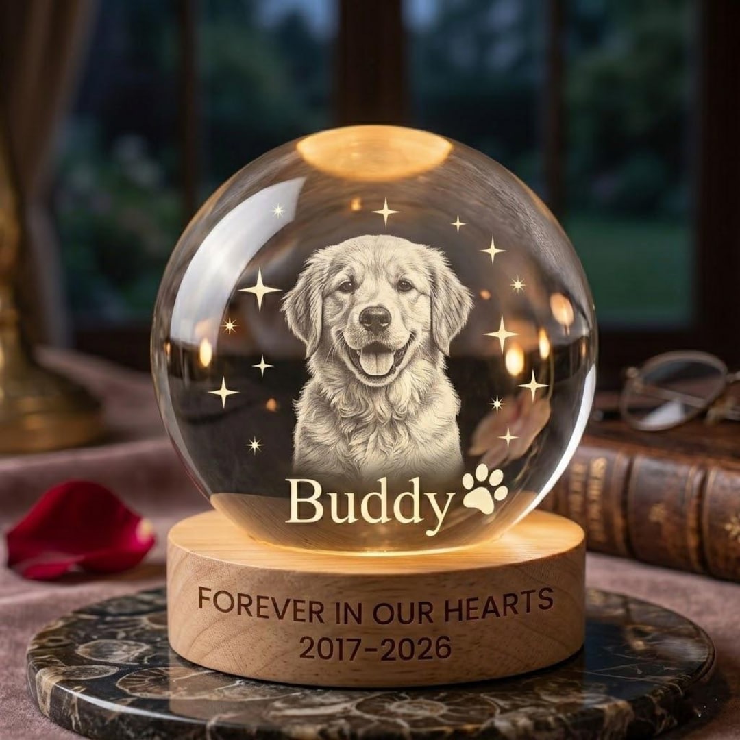 Pet Memorial Crystal Ball Lamp With Photo, 3D Engraved Dog Cat Portrait ...