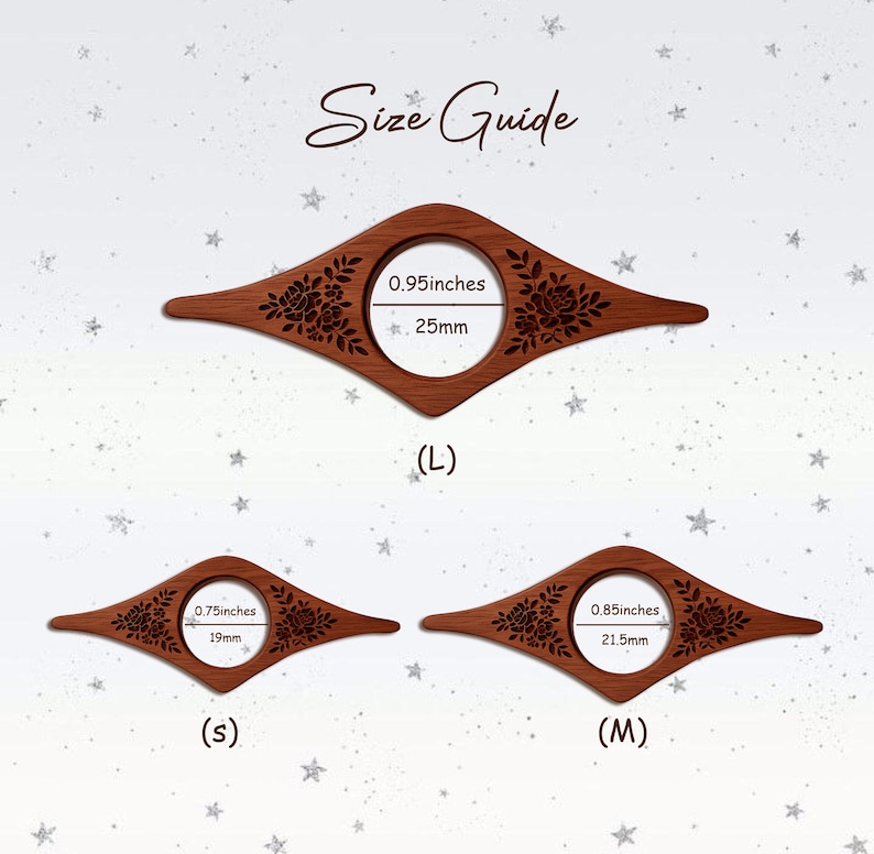 May include: A size guide displays three wooden book page holders with floral designs. The largest is 0.95 inches across the opening, the medium is 0.85 inches, and the smallest is 0.75 inches. The text "Size Guide" is at the top.