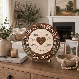Personalized Family Puzzle Sign, Custom Wooden Family Name Plaque, Daisy Family Decor, Established Date Sign, Anniversary Housewarming Gift