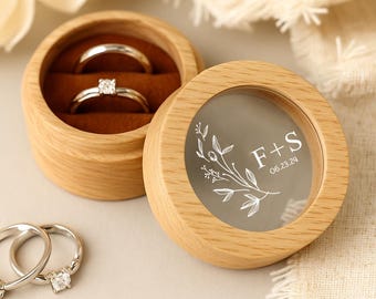 Custom Wooden Wedding Ceremony Round Ring Box, Engraved Wooden Box Engagement Proposal Holder, Bridal Gift For Her, Wood Ring Box