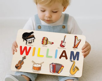Personalized Musical Instrument Name Puzzle, Montessori Wood Toy, Custom Toddler Gift, Educational Baby Shower Gift, Music Instrument Gift