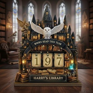 May include: A decorative library-themed book counter with a castle design. It features a white owl with outstretched wings, the text "BOOKS READ THIS YEAR", and the number "197". The base reads "HARRY'S LIBRARY".