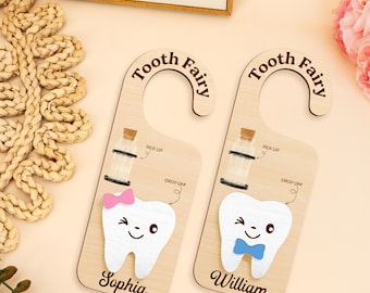 Custom Tooth Fairy Door Hanger, Personalized Name Tooth Holder Sign with Jar & Money Slot, Kids Gift for Boys, Girls, and Toddlers