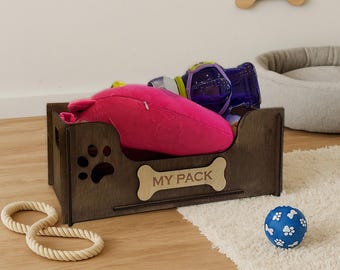 Caja de juguetes para perros personalizada con nombre, contenedor de madera para juguetes de mascotas, cesta personalizada para juguetes de cachorros, regalo para amantes de los perros