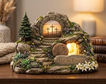 Easter He Is Risen Tomb Diorama Wooden Block, Lighted Christian Table Decor, Religious Resurrection Scene Gift, 2D Flat Sign