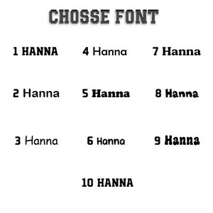 May include: A white background with the text "CHOSSE FONT" in a dark, blocky font. Below, ten numbered examples of the "Hanna" font are displayed, each with a different style.